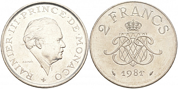 Монако 2 франка 1981 Ренье III (1949-2005) KM 157 никель 73-1627