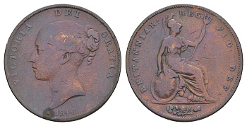 Великобритания 1 пенни 1846 Виктория (1837-1901), редкий год KM 739, Spink 3948 бронза 1520-1143