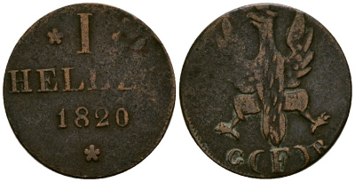 Франкфурт 1 геллер 1820 GB AKS 30, Jaeger 10, KM 301 медь 4548-1113