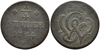 Вид, Рункель 1/4 штюбера 1754 монограмма GW KM 3 медь 84-424