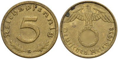 Германия 5 рейхспфеннигов 1938 G KM 91, J. 363 алюминиевая бронза 4151-868