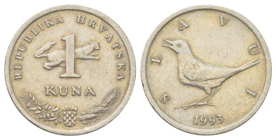 Хорватия 1 куна 1993 западный соловей, легенда на хорватском KM 9.1 медь цинк никель 4625-521