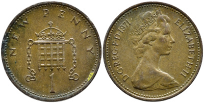 Великобритания 1 пенни 1971 Елизавета II (1952-2022) KM 915, Spink 4237 (B1) бронза 4393-253