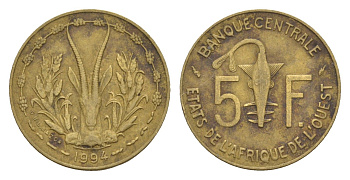 Западная Африка (BCEAO) 5 франков 1994 KM 2a медь алюминий никель 4655-818