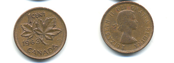 Канада 1 цент 1963 Елизавета II (1952-2022), кленовый лист KM 49 бронза 177-1325