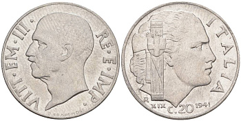ИТАЛИЯ 20 ЧЕНТЕЗИМО 1941 R, ГОД XIX, ВИКТОР ЭММАНУИЛ III (1900-1946) KM 75b, VEM3. 1028 нержавеющая сталь 3853-1125