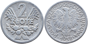 Польша 2 злотых 1958 MW KM 46, Parchimowicz 216a алюминий 4391-1214