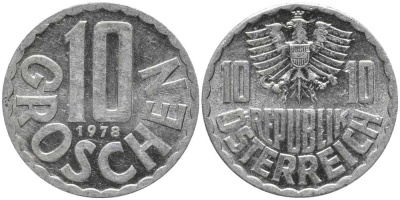 АВСТРИЯ 10 ГРОШЕЙ 1978 KM 2878 алюминий 113-613