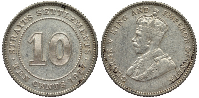 Стрейтс-Сетлментс 10 центов 1927 Георг V (1910-1936) КМ 29b серебро 53-647
