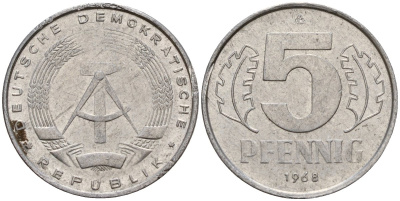 ГДР 5 пфеннигов 1968 A KM 9.1 алюминий 211-1126