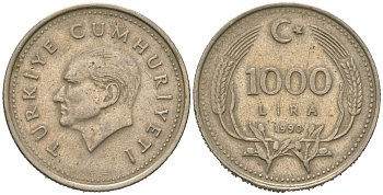 Турция 1000 лир 1990 Кемаль Ататюрк KM 997 медь цинк никель 4620-613