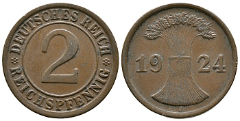 ГЕРМАНИЯ 2 РЕЙХСПФЕННИГА 1924 J KM 38, J. 314 бронза 176-221