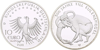ФРГ 10 евро 2011 D, 500 ЛЕТ ТИЛЮ УЛЕНШПИГЕЛЮ KM 300а, DE.S 10.53 серебро PROOF 1082-9-24
