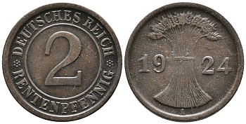 ГЕРМАНИЯ 2 РЕНТЕНПФЕННИГА 1924 A KM 31, J. 307 бронза 24-621
