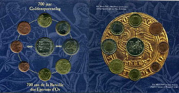 Бельгия евронабор из 8 монет + жетон 2002 700 лет битве при Куртре, в оригинальном картонном буклете UNC 7-5-1-39