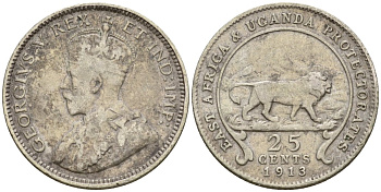 Британская Восточная Африка и Уганда 25 центов 1913 Георг V (1910-1936) KM 10 серебро 3711-1811