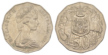 Австралия 50 центов 1971 Елизавета II (1952-2022), герб Австралии, кенгуру KM 68 медно-никель 4381-1022