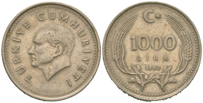 Турция 1000 лир 1990 Кемаль Ататюрк KM 997 медь цинк никель 4620-613