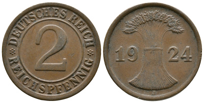 ГЕРМАНИЯ 2 РЕЙХСПФЕННИГА 1924 J KM 38, J. 314 бронза 176-221