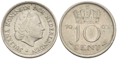Нидерланды 10 центов 1965 Юлиана (1949-1980) KM 182 никель 214-1218