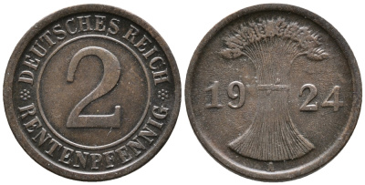 ГЕРМАНИЯ 2 РЕНТЕНПФЕННИГА 1924 A KM 31, J. 307 бронза 24-621