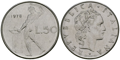 Италия 50 лир 1978 R, бог огня Вулкан у наковальни KM 95.1 нержавеющая сталь 4138-621
