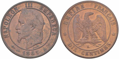 ФРАНЦИЯ 10 САНТИМОВ 1861 K, НАПОЛЕОН III (1852-1870) KM 798.3, LE FRANC 134.4 бронза 38-1246