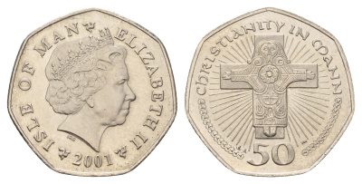 Остров Мэн 50 пенсов 2001 Елизавета II (1952-2022), рождество KM 1041 медно-никель UNC 4127-2024