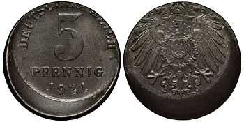 ГЕРМАНИЯ 5 ПФЕННИГОВ 1921 БРАК ЧЕКАНКИ СДВИГ ШТЕМПЕЛЯ KM 19 железо 413-5144