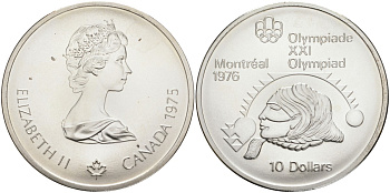 Канада 10 долларов 1975 XXI летние Олимпийские игры в Монреале 1976 года, женское толкание ядра KM 103 серебро UNC 02-252-32