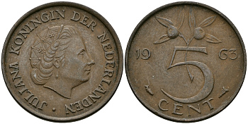НИДЕРЛАНДЫ 5 ЦЕНТОВ 1963 ЮЛИАНА KM 181 бронза 95-355