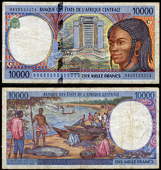 Центрально-африканские штаты, Конго 10000 франков 1994 Здание Банка центральноафриканских государств (Яунде, Камерун) Pick 105C a  бумага   6285-1-3-2