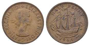 Великобритания 1/2 пенни 1964 Елизавета II (1952-2022) KM 896, Spink 4158 бронза 4662-1227