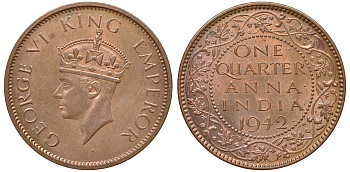 Британская Индия 1/4 анна 1942 Георг VI (1937-1952) KM 531 бронза aUNC 4178-714