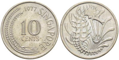 СИНГАПУР 10 ЦЕНТОВ 1977 МОРСКОЙ КОНЁК KM 3 медно-никель 217-1225