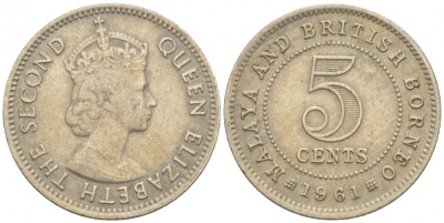 МАЛАЙЯ И БРИТАНСКОЕ БОРНЕО 5 ЦЕНТОВ 1961 ЕЛИЗАВЕТА II KM 1 медно-никель 214-858