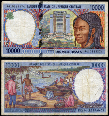 Центрально-африканские штаты, Конго 10000 франков 1994 Здание Банка центральноафриканских государств (Яунде, Камерун) Pick 105C a  бумага   6285-1-3-2