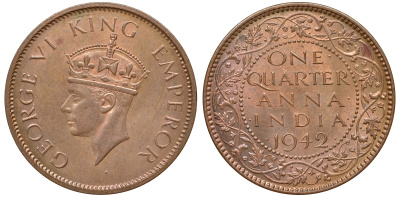 Британская Индия 1/4 анна 1942 Георг VI (1937-1952) KM 531 бронза aUNC 4178-714