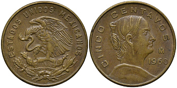 Мексика 5 сентаво 1960 Мо, Жозефа Ортис де Домингес KM 426 латунь 4576-1212
