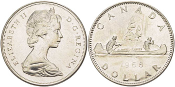 Канада 1 доллар 1968 Елизавета II (1952-2022), каноэ KM 76.1 никель UNC 74-524