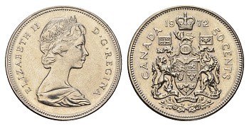 Канада 50 центов 1972 Елизавета II (1952-2022), герб KM 75.1 никель aUNC 110-923