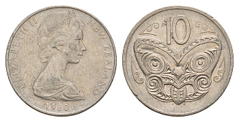 Новая Зеландия 10 центов 1980 KM 41.1 медно-никель 4179-1024