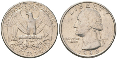 США 25 центов = квотер = 1/4 доллара 1990 D, Джордж Вашингтон KM 164a медь плакированная медно-никелем 190-1254