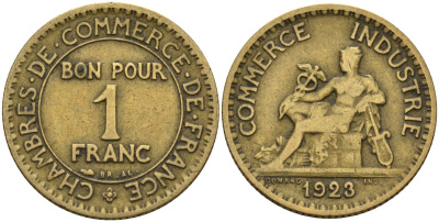 Франция 1 франк 1923 KM 876, Le Franc 218.5 алюминиевая бронза 4142-711