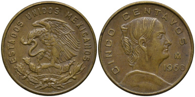 Мексика 5 сентаво 1960 Мо, Жозефа Ортис де Домингес KM 426 латунь 4576-1212