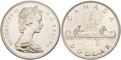 Канада 1 доллар 1968 Елизавета II (1952-2022), каноэ KM 76.1 никель UNC 74-524