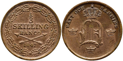 Швеция 1/3 скиллинга 1847 Оскар I (1844-1859) KM 640 медь 1530-525