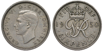 Великобритания 6 пенсов 1950 Георг VI (1936-1952) KM 875, Spink 4110 медно-никель 4128-824