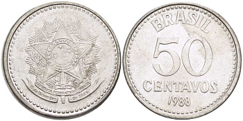 Бразилия 50 сентаво 1988 реформа 1986-1989 KM 604 нержавеющая сталь 3334-511