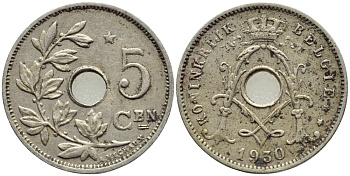 БЕЛЬГИЯ 5 САНТИМОВ 1930 BELGIE KM 94 никель латунь 4396-352